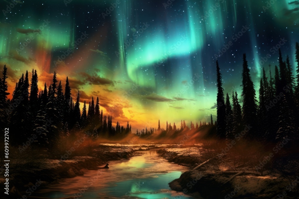 Aurora, northern lights in night sky over river and forest. Generative AI