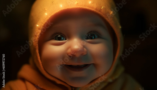 Cute baby boy smiling, close up portrait of joyful innocence outdoors generated by AI