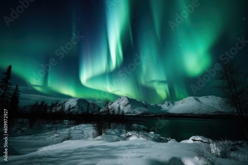 Polar lights, aurora borealis above mountains and lake.. Generative AI © happy_finch