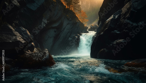Tranquil scene of majestic mountain range with flowing water and green forest generated by AI