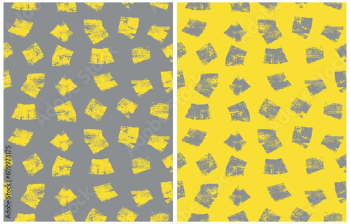 Simple Geometric Seamless Vector Pattern with Hand Drawn Brush Spots Isolated on a Illuminating Yellow and Ultimate Gray Background. Freehand Daubs Endless Print. Irregular Scirbbles Print.