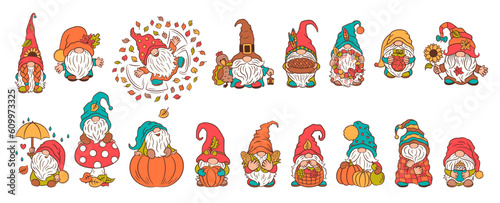 Fall gnomes cute character bundle. Adorable swedish gnomes big set. Autumn scandinavian gnome Tomte funny character. Cute design for print, mascot, toy, etc. Cottagecore harvest thanksgiving theme.