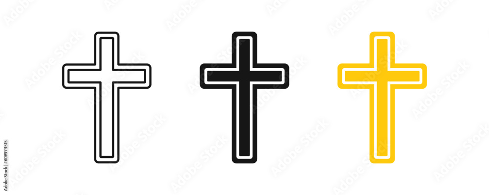 Christian cross icon. Jesus church symbol. Faith signs. Crucifix symbols. Religious icons. Black, yellow color. Vector sign.