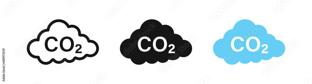 CO2 icon. Carbon symbol. Cloud signs. Greenhouse symbols. Atmosphere icons. Black, blue color. Vector sign. CO2 icon. Carbon symbol. Cloud signs. Greenhouse symbols. Atmosphere icons. Black, blue color. Vector sign.
