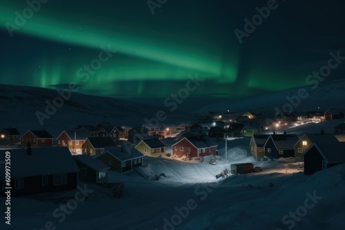 Aurora borealis  northern lights above small town. Generative AI