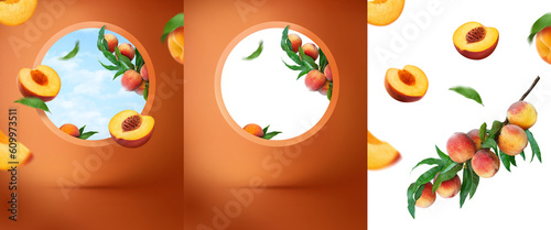 Schilderij op canvas Window sky display product brown orange background peaches png fruits mockup