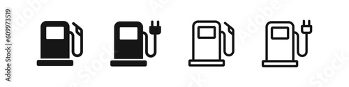 Gas station icon. Electric charge symbol. Petrol pump signs. Fuel gasoline symbols. Electro car icons. Black color. Vector sign.