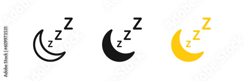 Moon sleep icon. Rest zzz symbol. Night signs. Bedtime symbols. Dream concept icons. Black, yellow color. Vector sign. photo