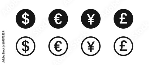 Dollar, euro, pound, and yen icons. Currency symbol. Money signs. Cash symbols. Coin icon. Black color. Vector isolated sign.