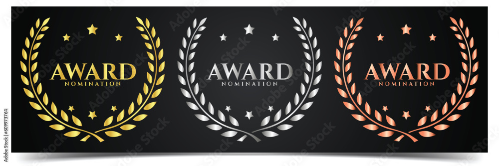Set of gold, silver and bronze laurel wreath. Winner label, award nomination trophy and award winning symbol, leaf symbol victory leaf symbol victory with black background