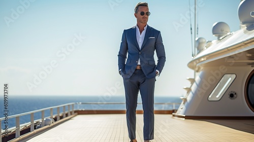 Confident businessman on luxury yacht, gazing at the ocean