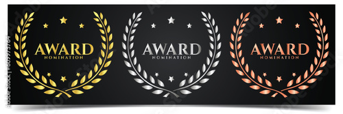 Set of gold, silver and bronze laurel wreath. Winner label, award nomination trophy and award winning symbol, leaf symbol victory leaf symbol victory with black background