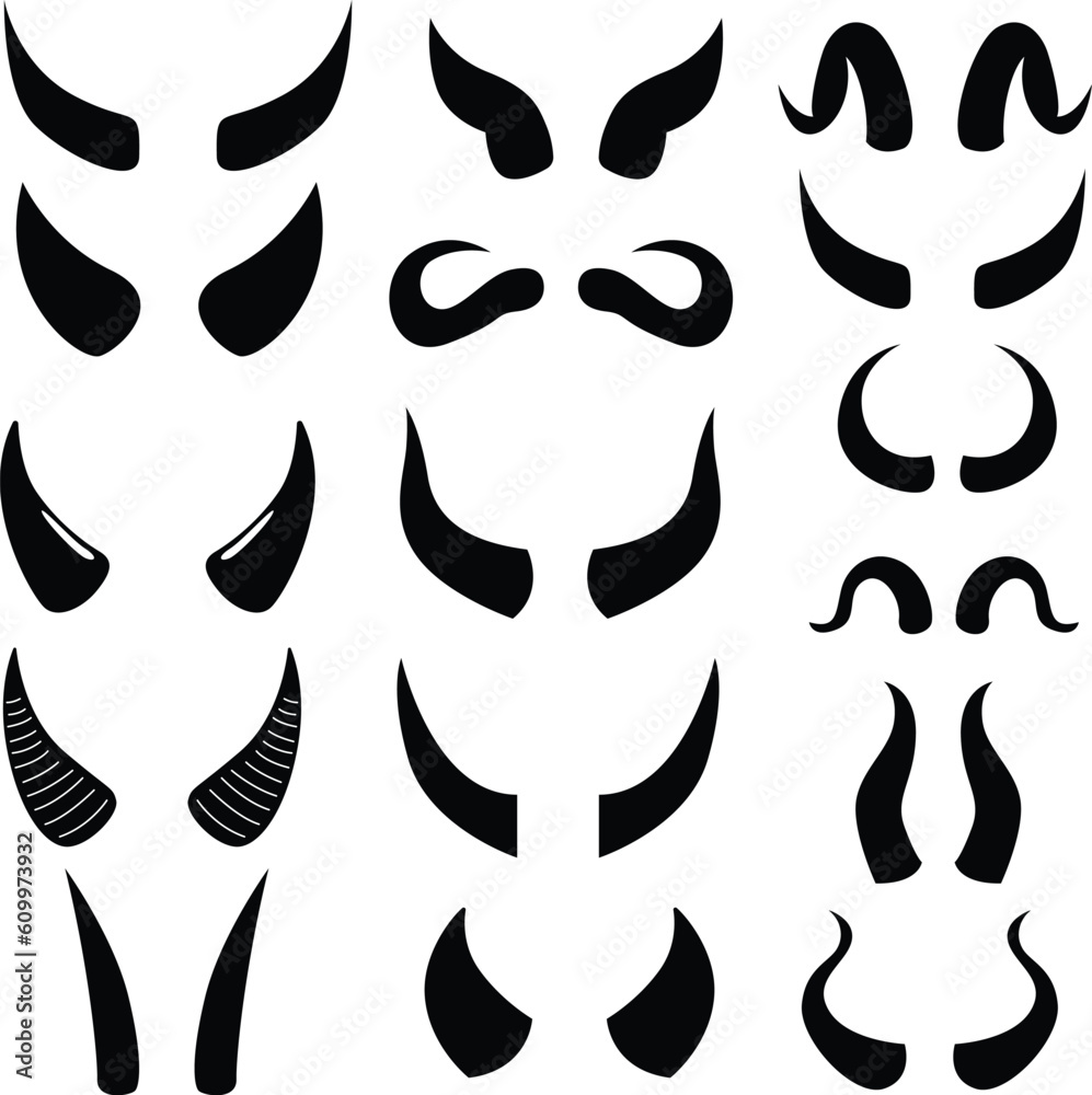 Set of horn silhouettes. Devil horn symbol