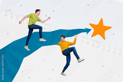 Strategy competition collage of two colleagues running direction golden star the most efficient worker star isolated on grey background