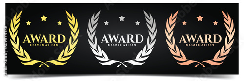 Golden, silver and bronze award signs with laurel wreath, award nomination trophy and award winning symbol. Award winner emblem collection of laurel wreaths. vector illustration 