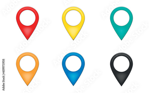 Shiny colorful metal realistic map pointers vector set in various angles. Map pointer 3d pin. Location symbols.