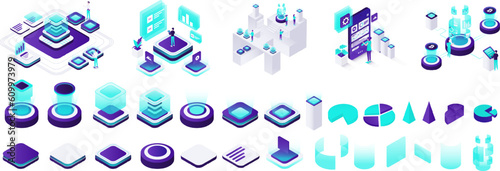 Set of isometric illustrations. Isometric set of bright concepts on the theme of future technologies. Startup, digital marketing, seo analysis and cloud technology. Set of vector isometric elements