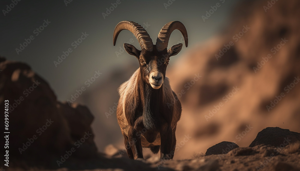 Sunset portrait of a cute male ibex looking at camera generated by AI Sunset portrait of a cute male ibex looking at camera generated by AI