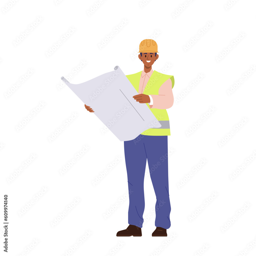 Construction engineer or architect supervisor cartoon male character holding project blueprint Construction engineer or architect supervisor cartoon male character holding project blueprint