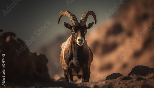 Sunset portrait of a cute male ibex looking at camera generated by AI