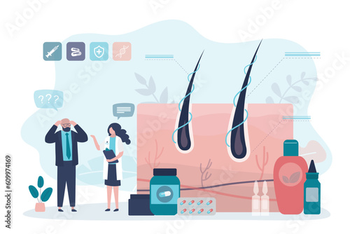 Trichologist examining male patient hair growth. Doctor research and analysis for hair loss treatment. Alopecia and hair problems, baldness. Dermatologist diagnosis health problem.
