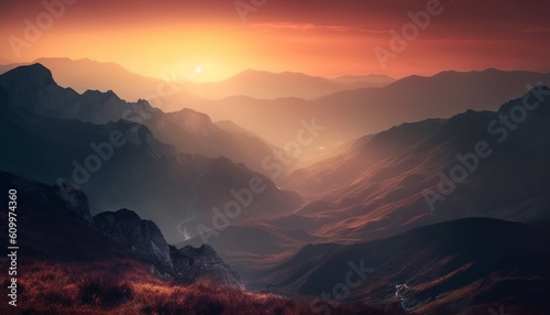 Majestic mountain range  tranquil sunrise  panoramic beauty in nature generated by AI