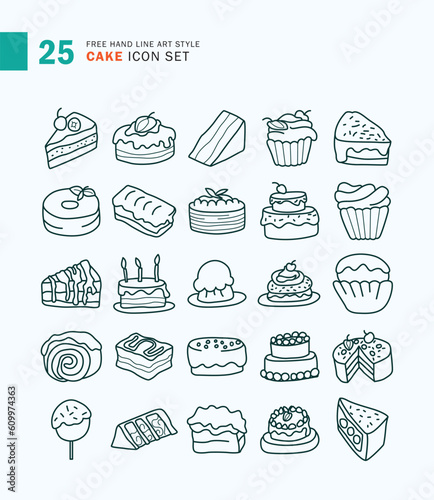 Set of Cake Icon Line Art Style. Sponge, birthday cake, brownies, chocolate.