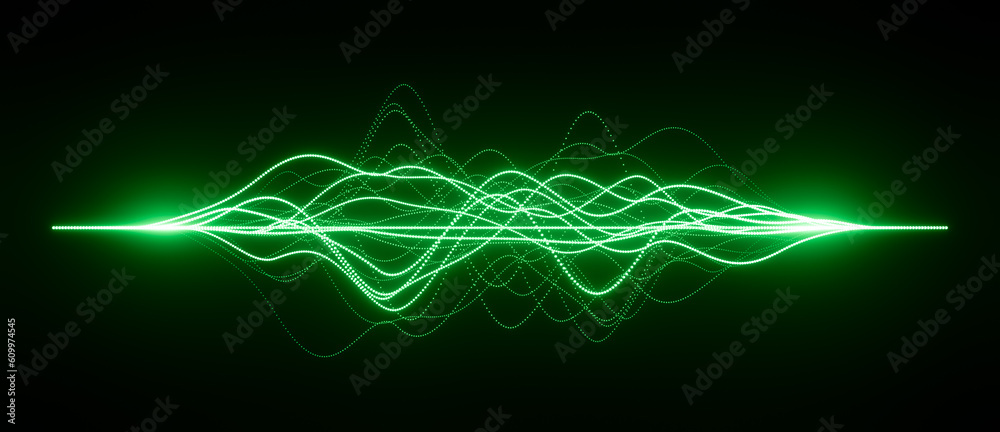 Abstract illustration of green neon glowing sound waves, visualization of frequency signals or audio wavelengths, futuristic technology waveform on black background with copy space for text
