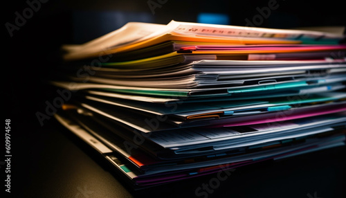 Large file stack on desk, paperwork heap in business office generated by AI