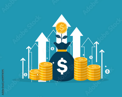 business investment arrow up with bag money. save money tree and arrow up. profit income chart increase. trend growing stock market. vector illustration flat design.