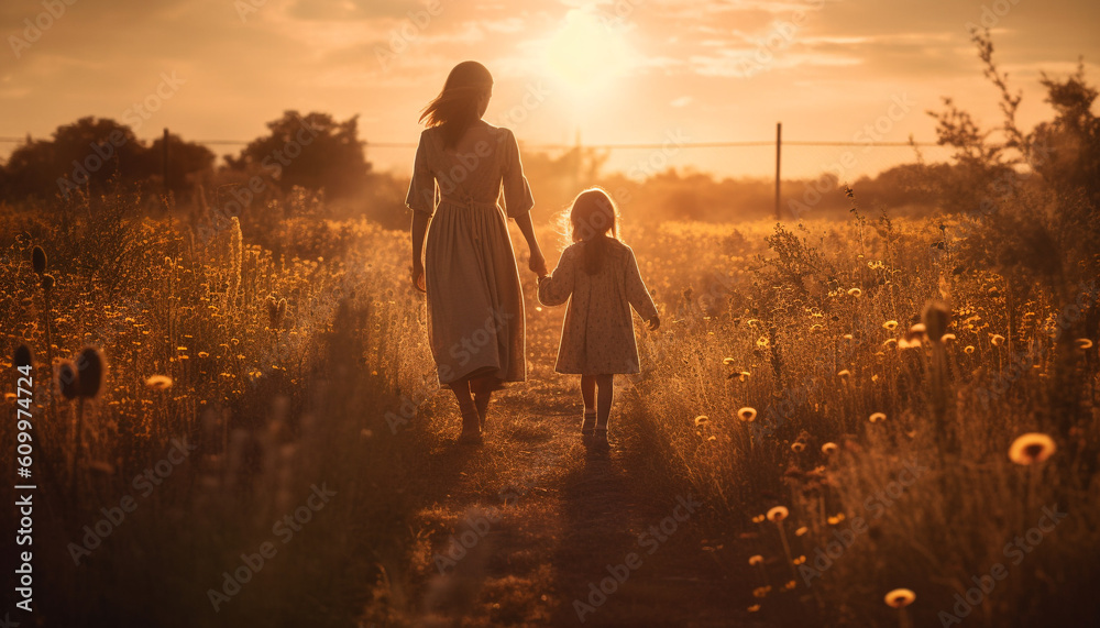 Mother and daughter embrace in nature beauty at sunset meadow generated by AI