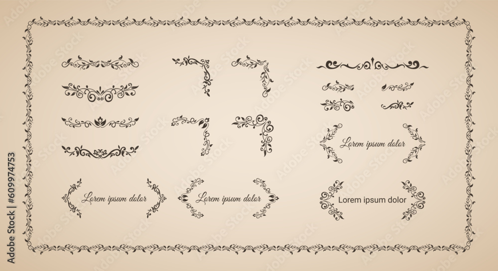 A collection Hand drawn calligraphy ornament borders corners classic vintage vector