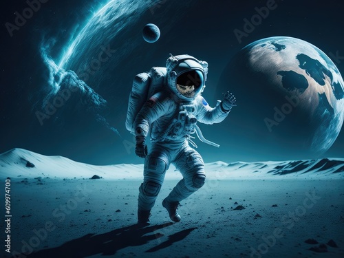 astronaut playing football on the moon. ai generative