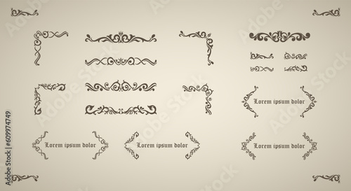 A collection Hand drawn calligraphy ornament borders corners classic vintage vector