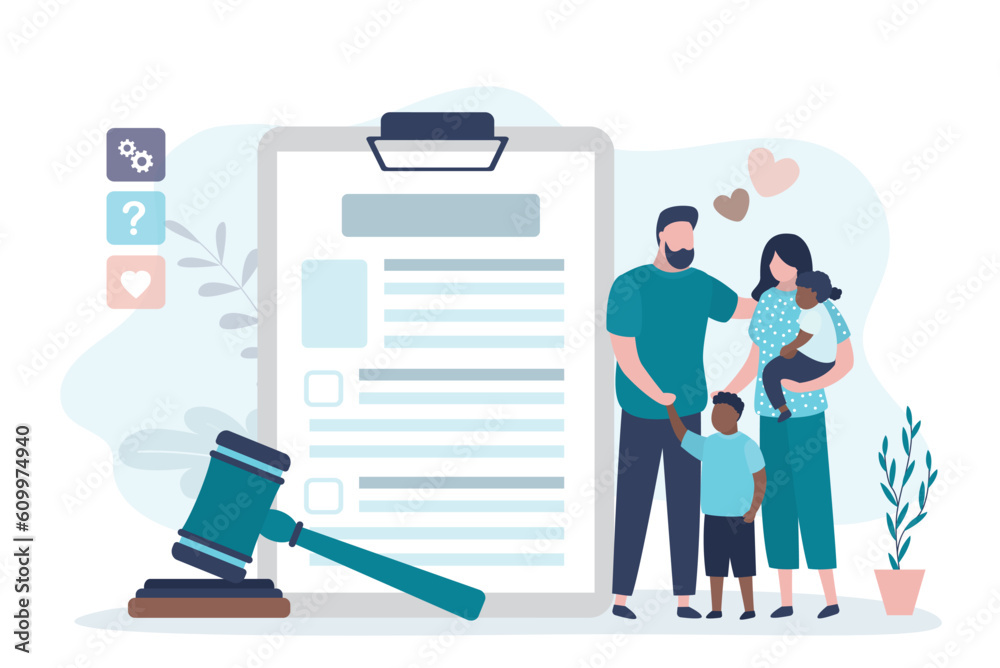 Happy multiethnic family, parents with two children. Love couple with kids standing near adoption agreement. Adoption application and gavel. Adoption papers laid out ready for completion. Happy multiethnic family, parents with two children. Love couple with kids standing near adoption agreement. Adoption application and gavel. Adoption papers laid out ready for completion.