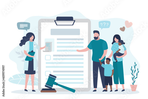 Happy multiethnic family, parents with two children. Love couple with kids standing near adoption agreement. Social worker give adoption application.