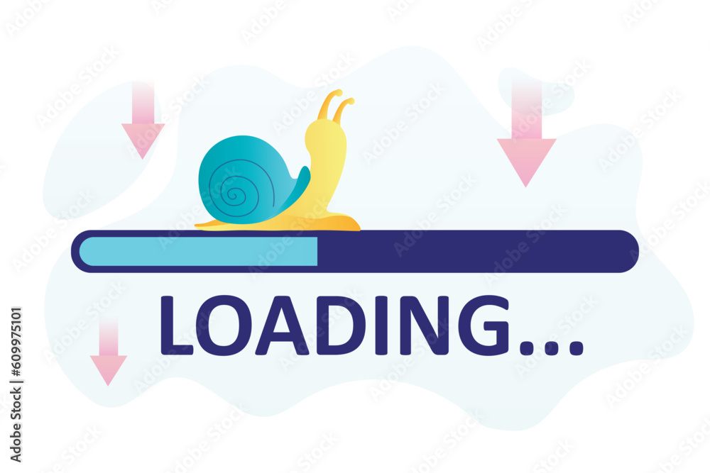 Sluggish snail crawling on progress loading bar. Slow internet concept. Design isolated on white background. No signal, bad connection. Network problems. Sluggish snail crawling on progress loading bar. Slow internet concept. Design isolated on white background. No signal, bad connection. Network problems.