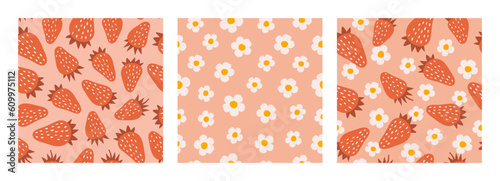 Set of strawberry and flowers hand drawn seamless pattern. Trendy summer retro background for fabrics, decorative paper. Textile print for kids. Vector illustration.