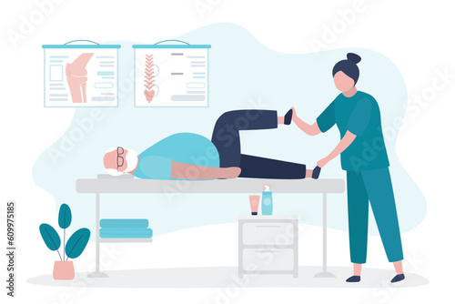 Aged man getting massage in spa with professional massage therapist. Wellness, healing and recovery concept. Elderly character lying and masseur massaging body. Stop aging process.