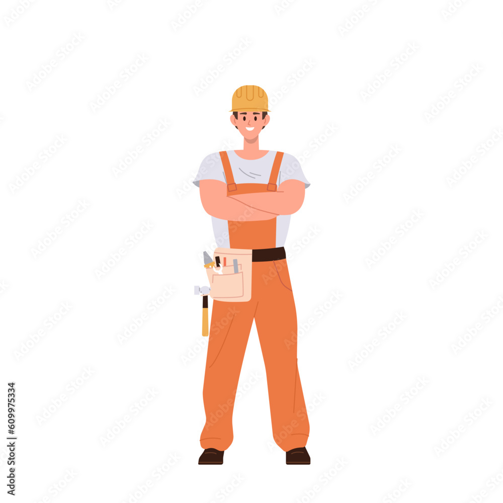 Happy smiling multi-armed young man builder cartoon character wearing overalls with tools on belt