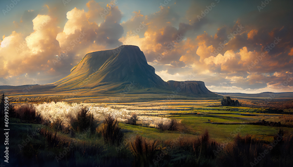 Obraz premium Celestial guardian. Towering mountain sculpture amid the lush meadow. Fantasy fictional image. Imitation of oil painting. AI-generated