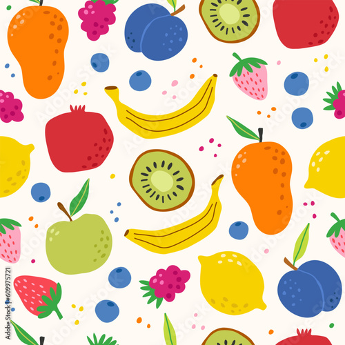 Fototapeta Naklejka Na Ścianę i Meble -  Vector fruits seamless pattern. Summer sweet food background. Hand draw texture, pomegranate, lemon, berries and tropical fruit, cute doodle drawing, bright fashion print.