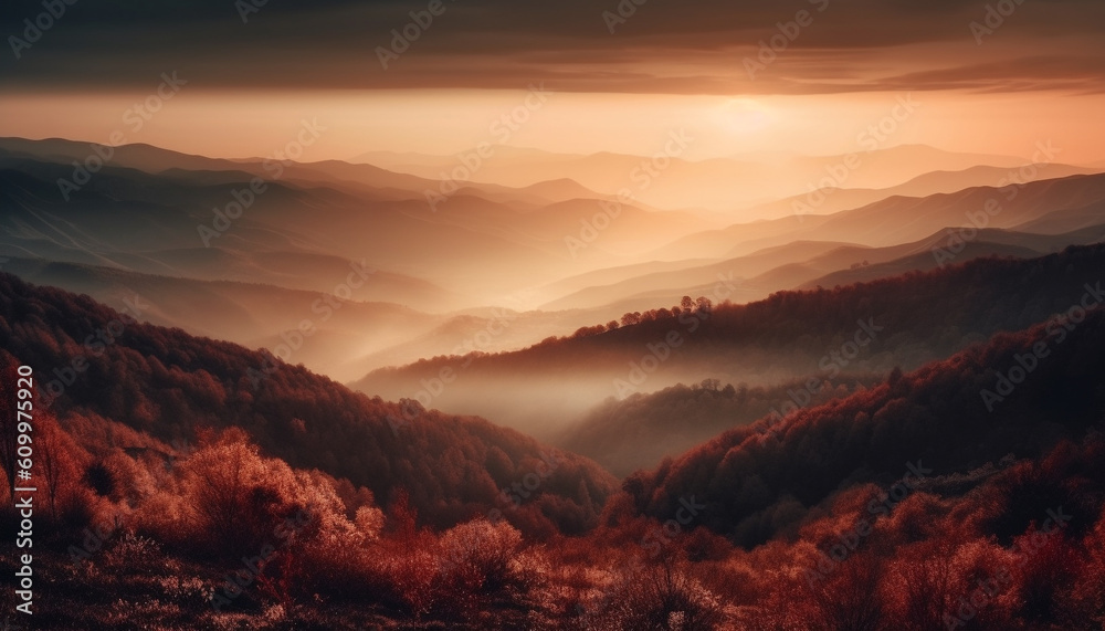 Tranquil mountain peak at dawn, foggy forest, autumn landscape beauty generated by AI