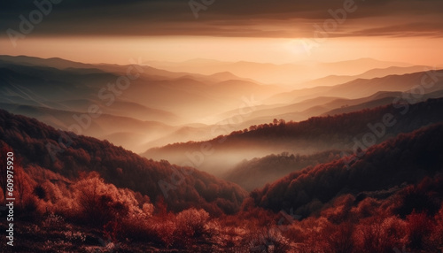 Tranquil mountain peak at dawn, foggy forest, autumn landscape beauty generated by AI © djvstock