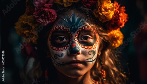 Indigenous beauty celebrates traditional festival with spooky face paint mask generated by AI © djvstock