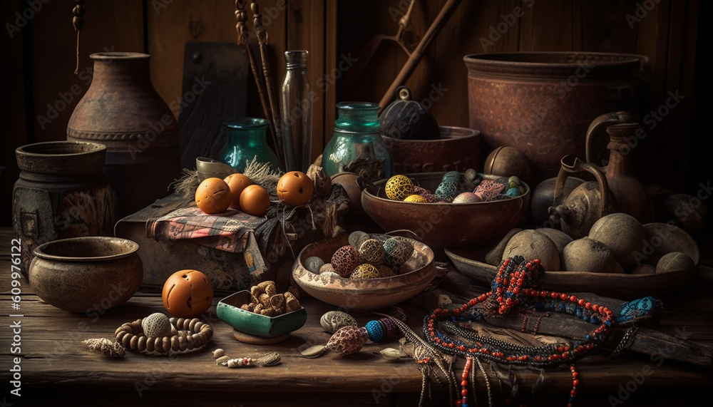 Rustic pottery bowl with homemade pumpkin decoration on old table generated by AI