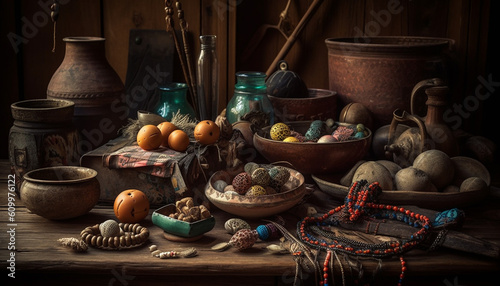 Rustic pottery bowl with homemade pumpkin decoration on old table generated by AI