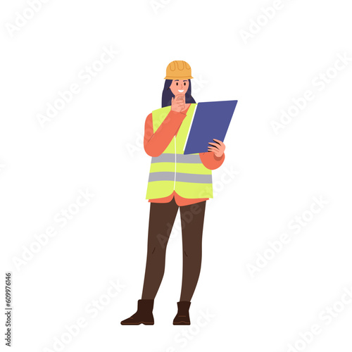 Pensive smiling woman construction site engineer cartoon female worker character looking at contract