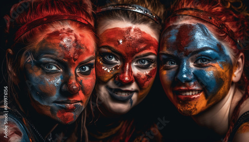 Smiling young adults in spooky face paint celebrate Halloween together generated by AI