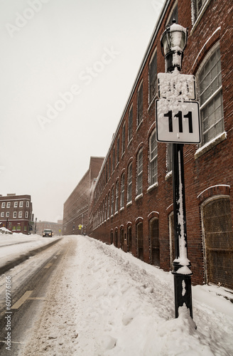 Street with the snow in the town of Saco, Maine